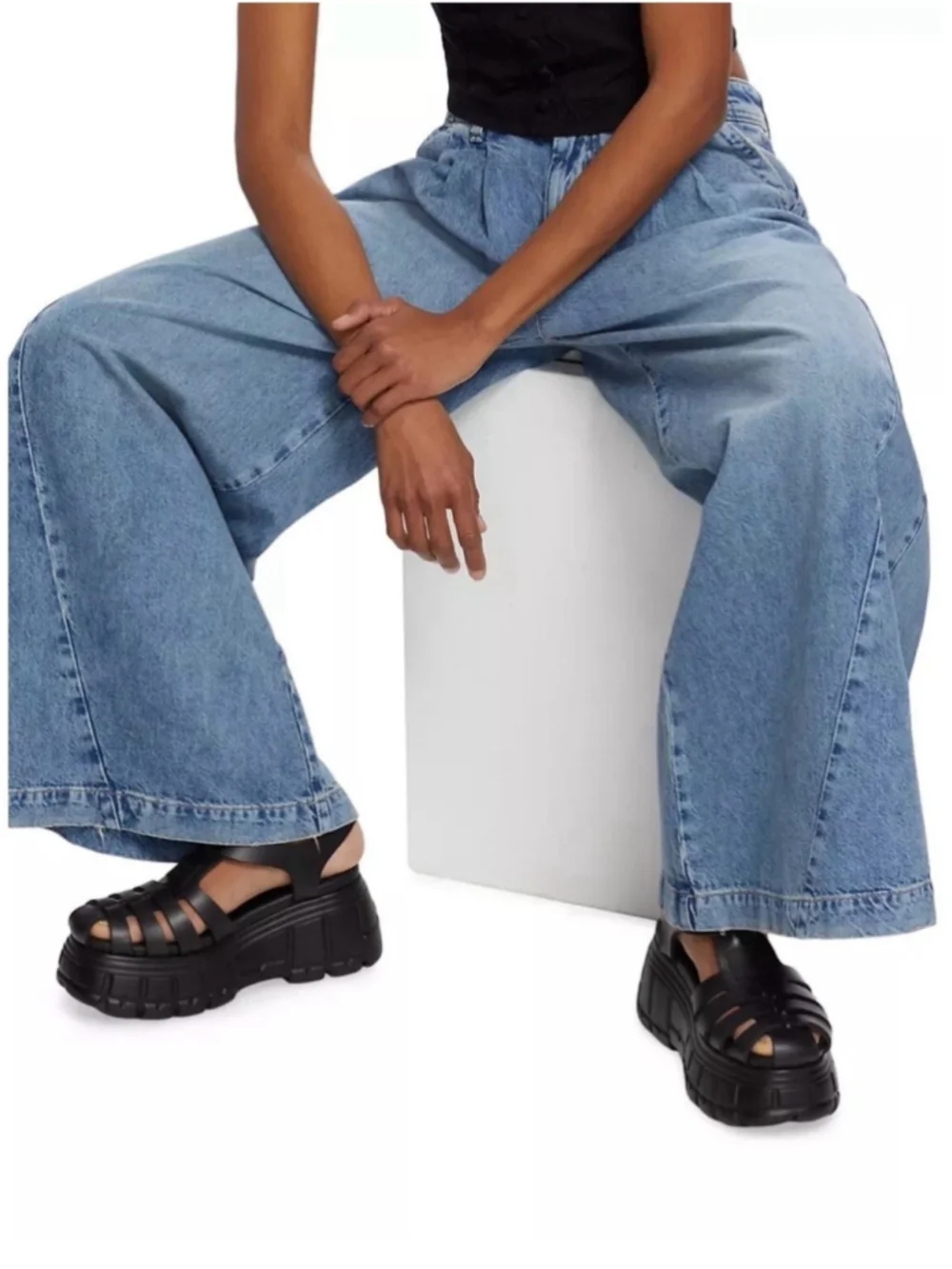 Free People We The Free Equinox Wide Leg Pleated Jeans 28 Blue 100% Cotton